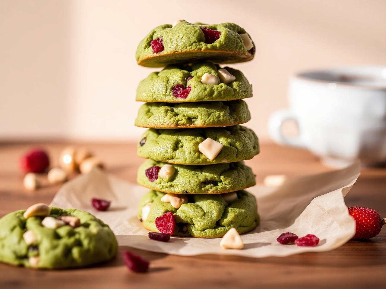 Stack of matcha cookies with white chocolate, macadamia and dried strawberries